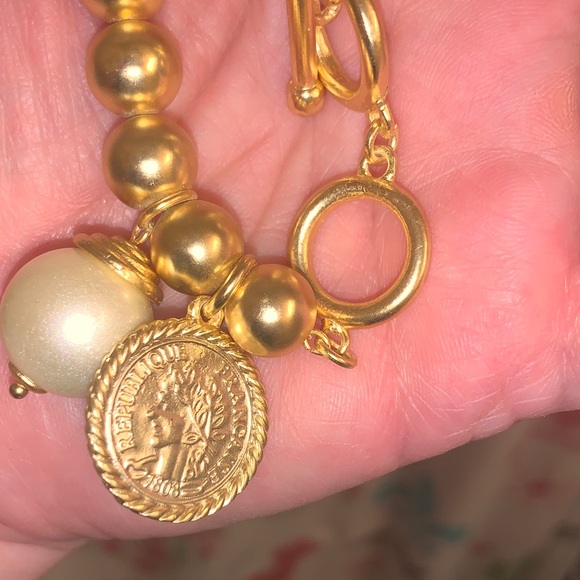Karine Sultan Elegant Gold Beaded Bracelet with Pearl and Coin Charm - Picture 9 of 11